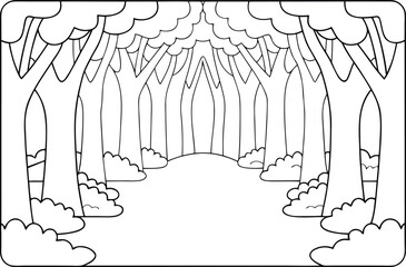 A simple line drawing depicts a peaceful path winding through a lush forest