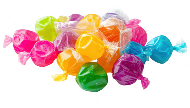 A assortment of colorful wrapped candies scattered on a white surface. a variety of shapes and hues. perfect for sweet treats or festive celebrations