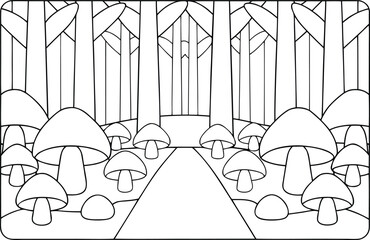 A whimsical illustration shows a path leading through a stylized forest with numerous mushrooms