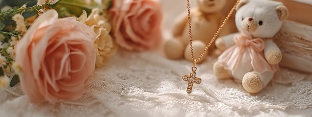 Delicate gold cross necklace sparkling with diamonds nestled amongst soft pink roses and a sweet teddy bear creating a heartwarming scene of cherished childhood memories and gentle blessings