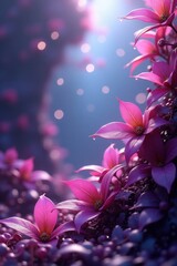 A lush, vibrant display of magenta flowers in a mystical, ethereal setting, bathed in soft, diffused light.