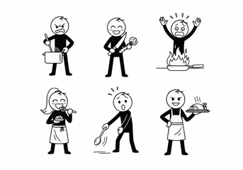 Naklejka premium Six cartoon stick figures depicting various emotions and actions related to cooking and food.