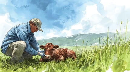 Tender Moment Between Farmer and Calf in Lush Green Meadow