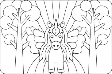 A winged unicorn stands majestically in a whimsical forest scene, radiating magical charm