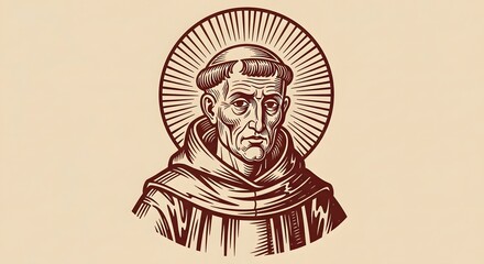A stylized illustration depicts a solemn, aged monk in a hooded robe, with a halo of radiating lines suggesting sainthood or spiritual significance.