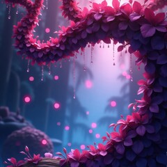 A vibrant, mystical scene featuring a flowering, dripping vine in a dreamy, twilight forest.
