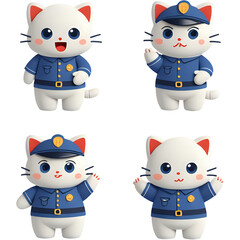 Set of four cute 3D cartoon cat characters in different poses. Vector illustration, isolated on black background