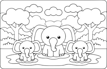 Three adorable elephants stand together in a lush forest clearing, creating a charming and playful