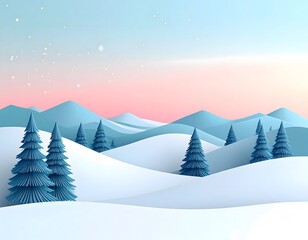 Scenic winter landscape with snow covered hills and evergreen trees under a pastel pink and blue sky with gentle snowfall in a minimalistic cartoon style