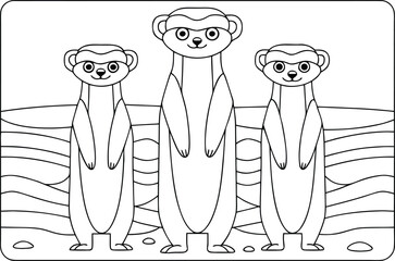 Three meerkats stand alert in a minimalist line art illustration