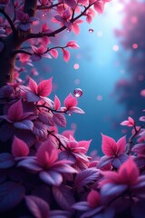 A vibrant display of deep pink and purple leaves, illuminated by soft light, creating a magical, dreamy woodland scene.