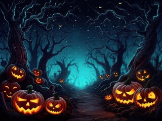 Fototapeta premium Enchanted Halloween forest path, illuminated by glowing jack-o'-lanterns and tombstones.