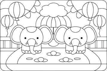 Two cute elephants play in a whimsical circus setting with balloons