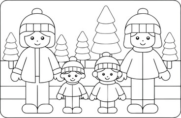 A happy family stands together in winter attire near pine trees