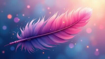 A vibrantly colored feather floats against a soft, dreamy background of pastel hues.