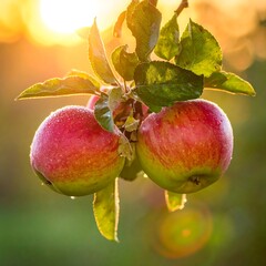 Apples on branch at sunset