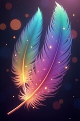Two vibrant, multicolored feathers float against a dark background, highlighted by sparkling light particles, creating a mesmerizing and ethereal atmosphere.