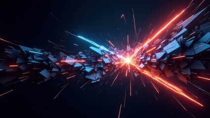 A dynamic, abstract scene of fragmented geometric shapes erupting with vibrant neon blue and red lines, set against a dark backdrop.