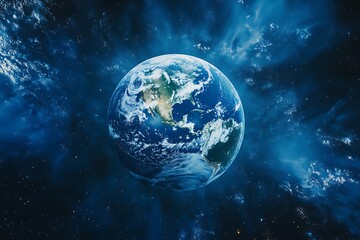 Naklejka premium Top view of Earth and orbiting satellite with film texture and futuristic colors.