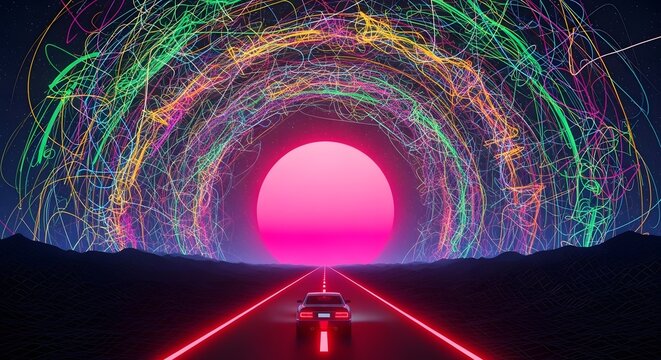 A retro-futuristic car drives on a neon-lit road towards a vibrant pink sun, enveloped by an arch of swirling, colorful light trails.