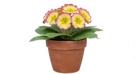 Fototapeta premium Yellow and Pink Primrose in Terracotta Pot