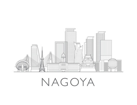 Nagoya, Japan, cityscape illustration skyline drawing