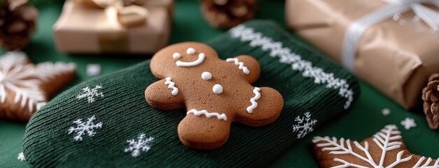 Gingerbread cookie resting on a knitted green mitten among festive decorations in a cozy indoor setting during the holiday season