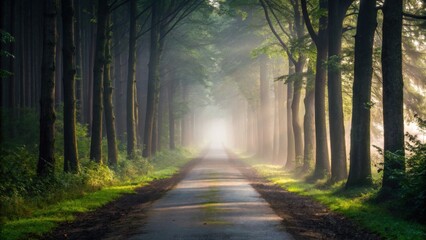 Fototapeta premium A serene forest path illuminated by soft mist, leading into a bright light, surrounded by tall trees and lush greenery.