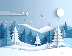 Winter snow landscape with pine trees under a bright full moon, snowy hills and falling snowflakes in a peaceful scenic outdoor winter scene