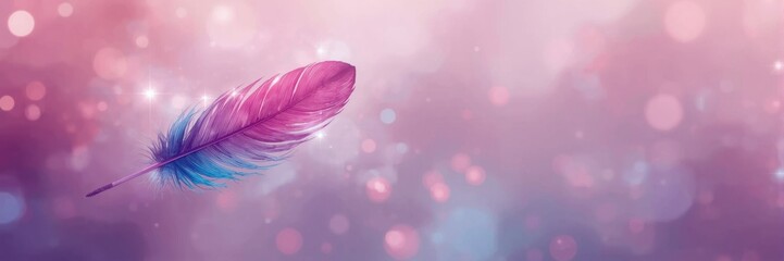 A vibrant feather, bathed in soft, pastel hues, floats against a backdrop of ethereal light and bokeh.