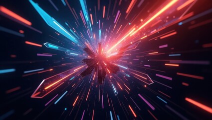 A vibrant, dynamic, and futuristic illustration showcases a radial burst of neon-colored lines, creating a sense of speed and energy within a dark, abstract space.