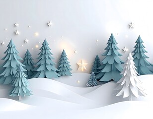 Whical winter landscape scene with stylized pine trees snow-covered ground and glowing star and snowflakes in a festive holiday atmosphere