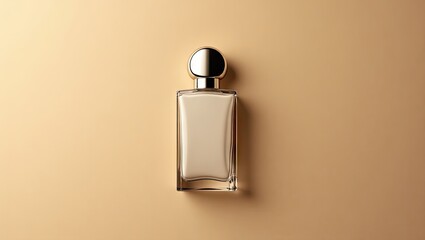 A  cream-colored glass perfume bottle with a metallic cap sits elegantly on a simple beige background.