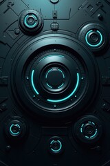 A dark, futuristic panel with glowing turquoise circular elements displays intricate, layered metallic details.