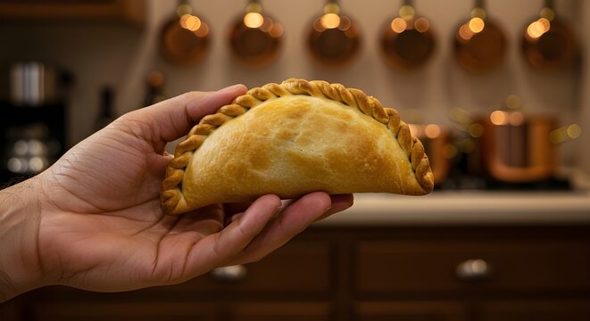 Hand Holding Fresh Baked Argentine Empanada | Close-Up of Traditional Crimped Edges