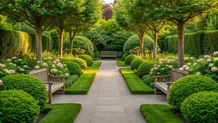 Fototapeta premium A peaceful garden pathway flanked by lush greenery, blooming flowers, and wooden benches, inviting relaxation and contemplation in a serene setting.