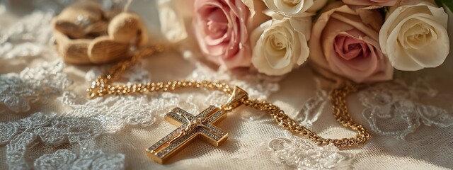Elegant gold crucifix necklace with sparkling diamonds rests on delicate lace beside soft pastel roses, symbolizing faith and beauty
