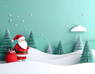 Festive Christmas Santa Claus with gift bag and winter landscape paper art scene with pine trees snowflakes cloud and snow in a minimal holiday setting