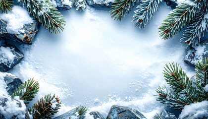 Winter background with snow-covered rocks and pine branches framing a frosty, light blue central space, evoking a serene and cold natural scene.