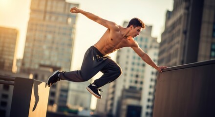 Muscular athlete performing parkour on a city rooftop. Young man jumping between buildings at sunset. Urban sport and extreme fitness concept.