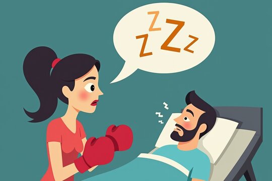 Image: Determined Woman in Boxing Gloves Ready to Stop Man's Snoring