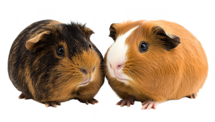 Two adorable guinea pigs. one black and brown and the other orange and white. sit closely together on a clean white background. their playful nature and friendly demeanor. ideal for pet-related conten
