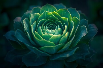 Obraz premium Stunning close up of a fresh green lettuce head with tightly layered leaves, illuminated by natural light in a garden setting