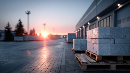 Stacked Concrete Blocks on Pallet at Sunset with Industrial Building Background Cinematic High Dynamic Range