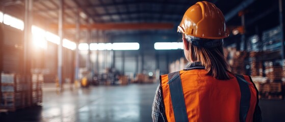 The warehouse worker in safety gear surveying a large industrial storage facility at sunset