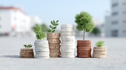 Stacked Coins with Growing Trees Representing Financial Growth and Investment on a Concrete Surface Under Clear Sky
