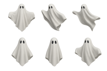 High-resolution Halloween clipart set with six ghost variations in different floating poses, isolated on transparent background.