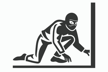 Masked figure crouching near the wall carefully during a secret operation discreetly and cautiously