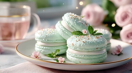 Stacked Green Macarons on White Plate with Pink Roses and Tea Cinematic High Dynamic Range
