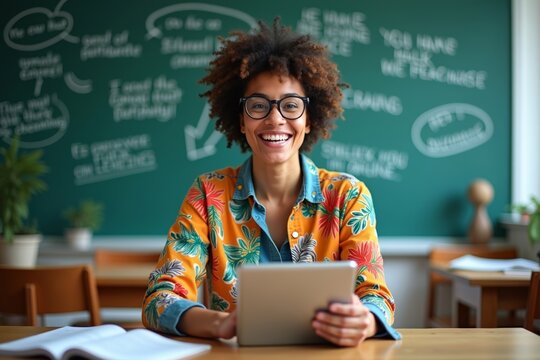 with equations and diagrams  Title: Cheerful professor in vibrant attire with tablet sitting at desk in front of green chalkboard filled with equations